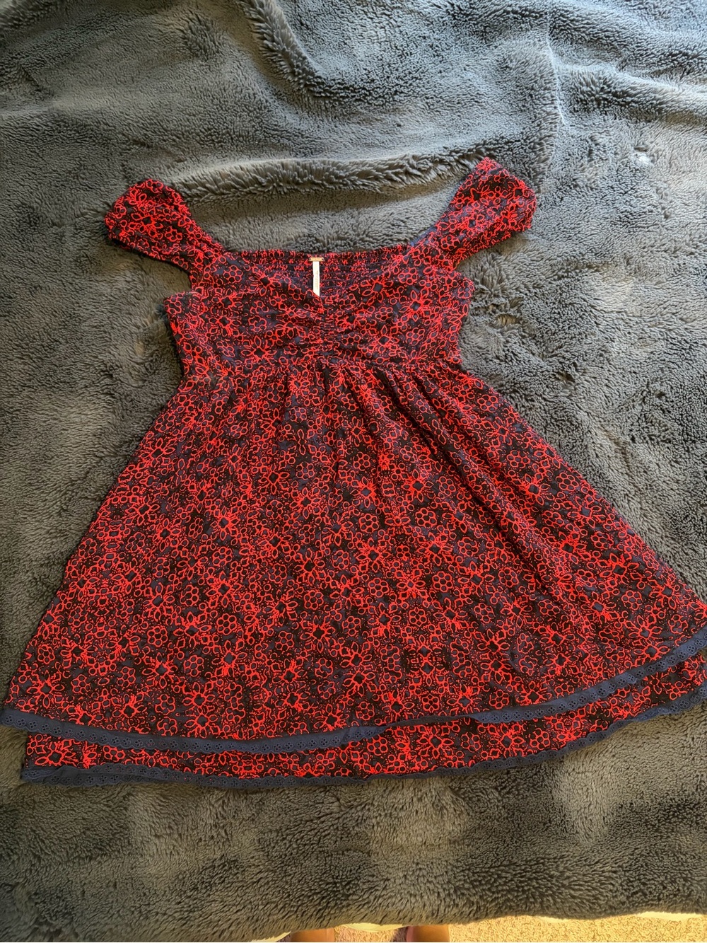 Free People Red and Navy Floral Mini Babydoll Dress